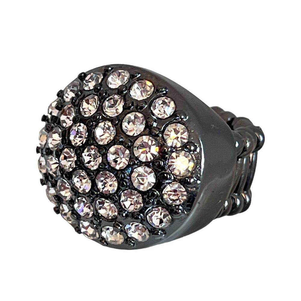 New Boutique Stretch Ring Hematite Tone Clear Crystal - 6K